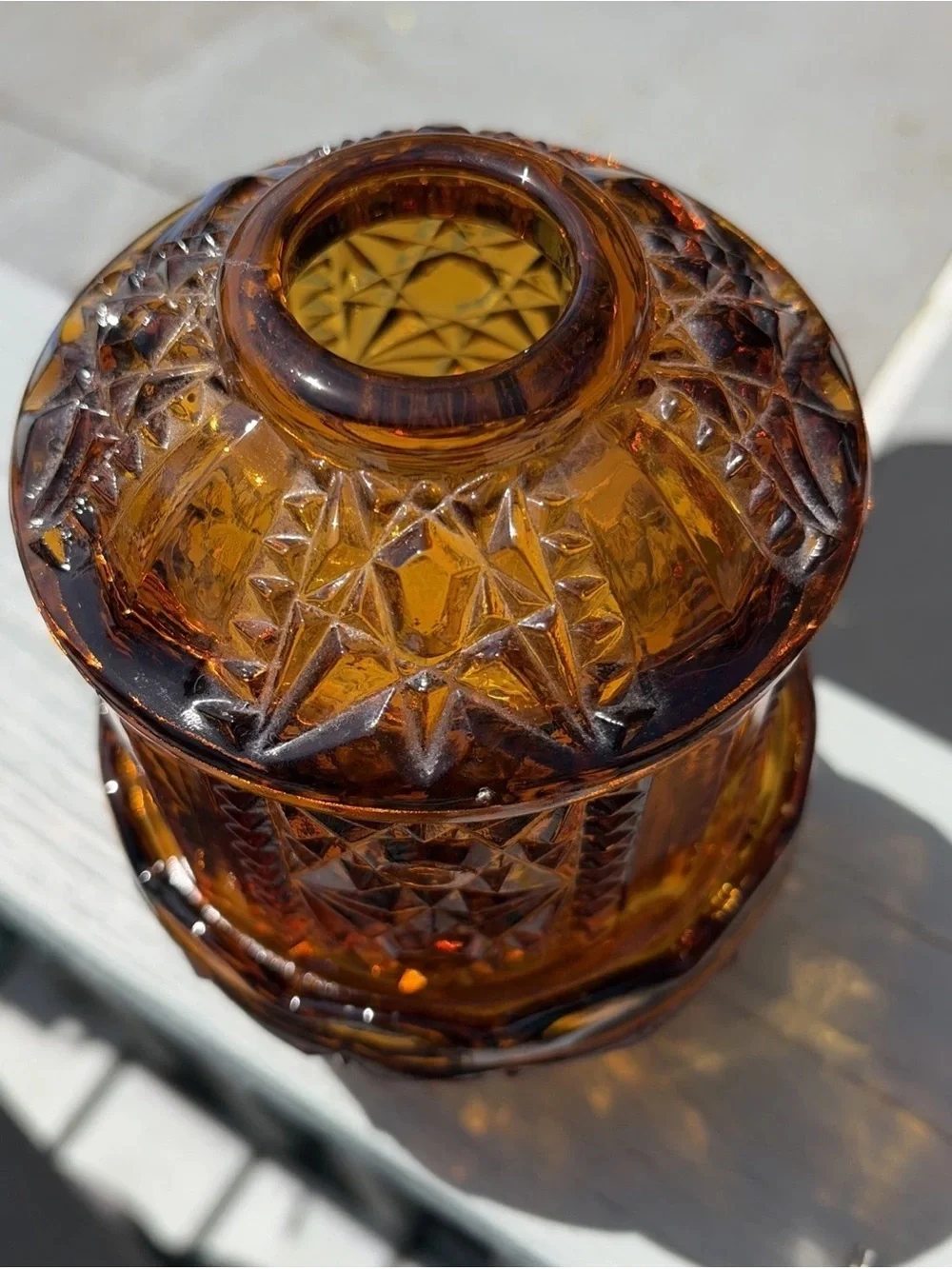 Vintage Golden Amber Indiana Glass Stars & Bars Fairy Lamp 6.5” MCM Candle Light